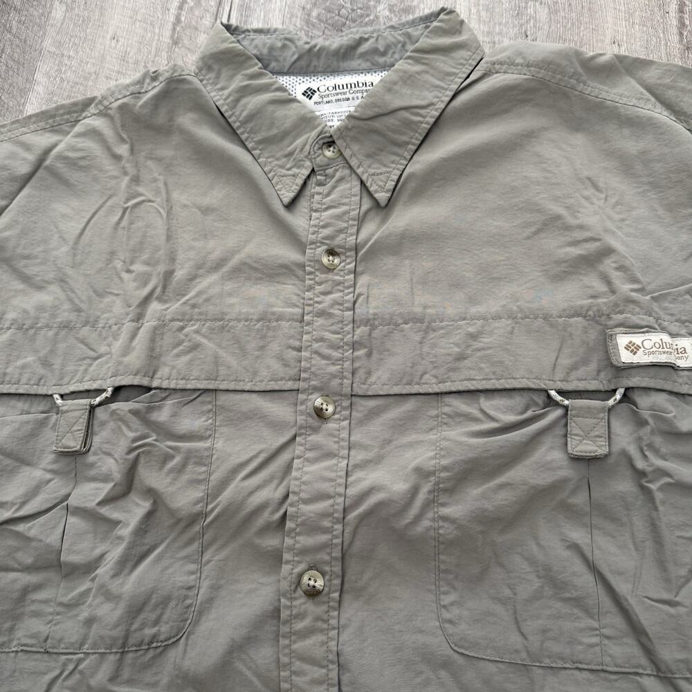 Columbia Fishing Shirt Mens XL Olive Green Nylon Long Sleeve Vented SPF 30+